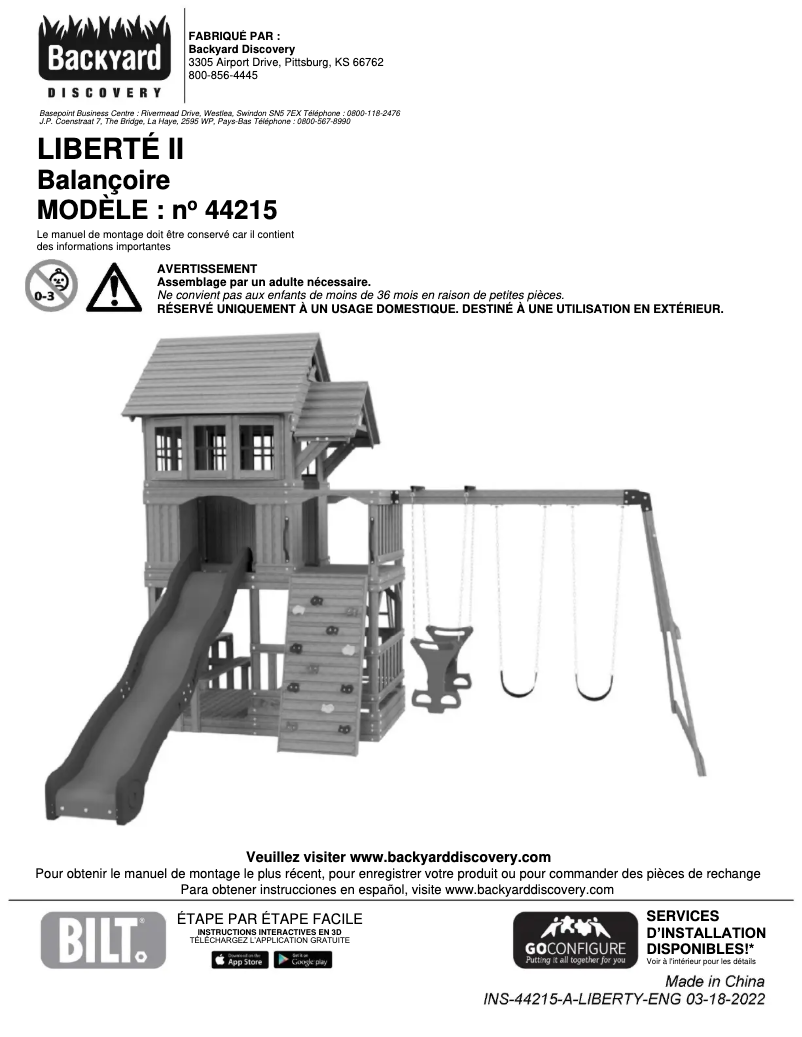 Page 1 de la notice Manuel utilisateur Backyard Discovery Liberty II