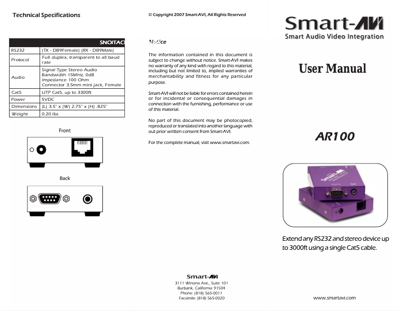 Page 1 de la notice Manuel utilisateur Smart-AVI AR-100