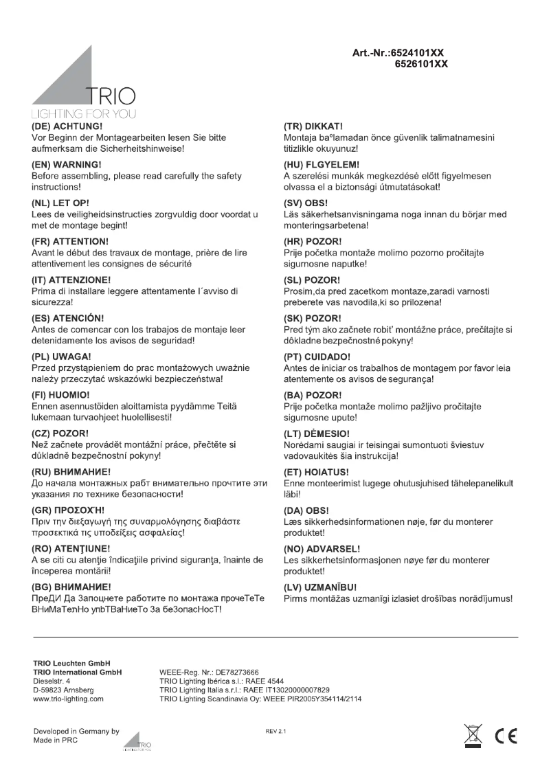 Page 1 de la notice Manuel utilisateur Trio Lighting Aura 652410106