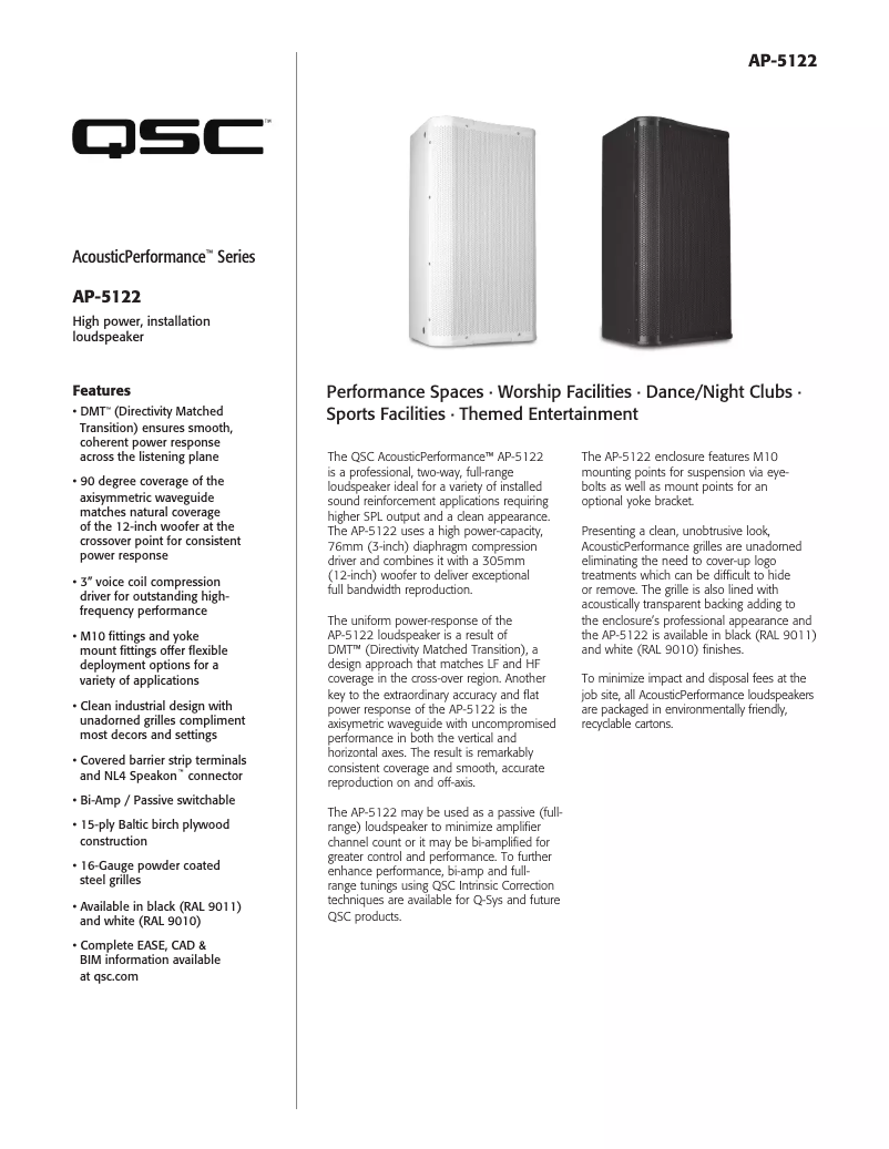 Page 1 de la notice Fiche technique QSC AcousticPerformance AP-5122