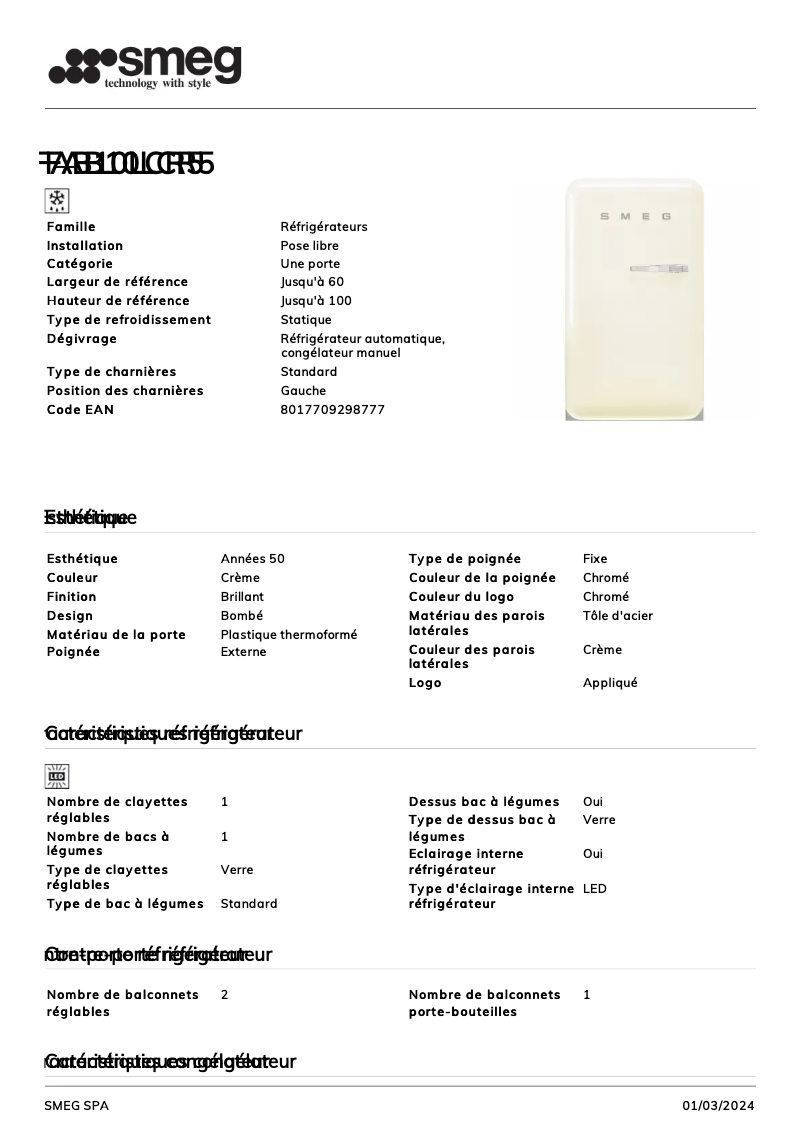 Page 1 de la notice Fiche technique Smeg FAB10LCR5