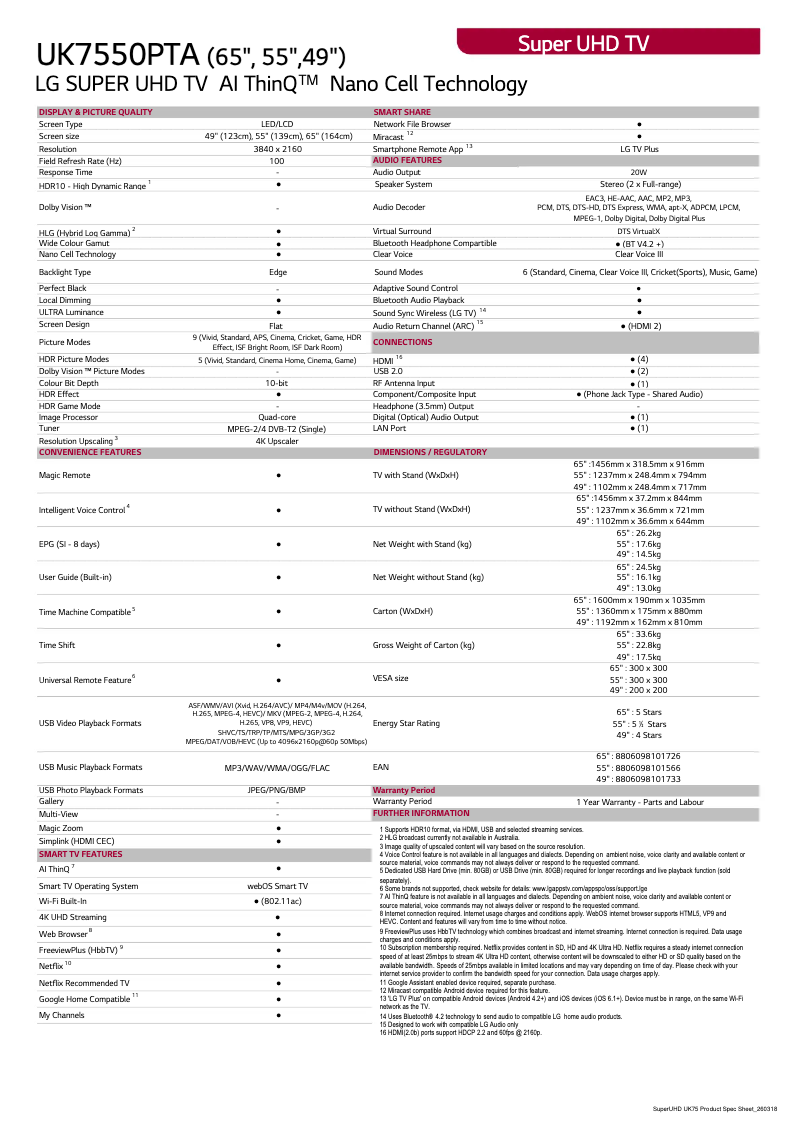 Page n°1 - Fiche technique LG 49UK7550PTA