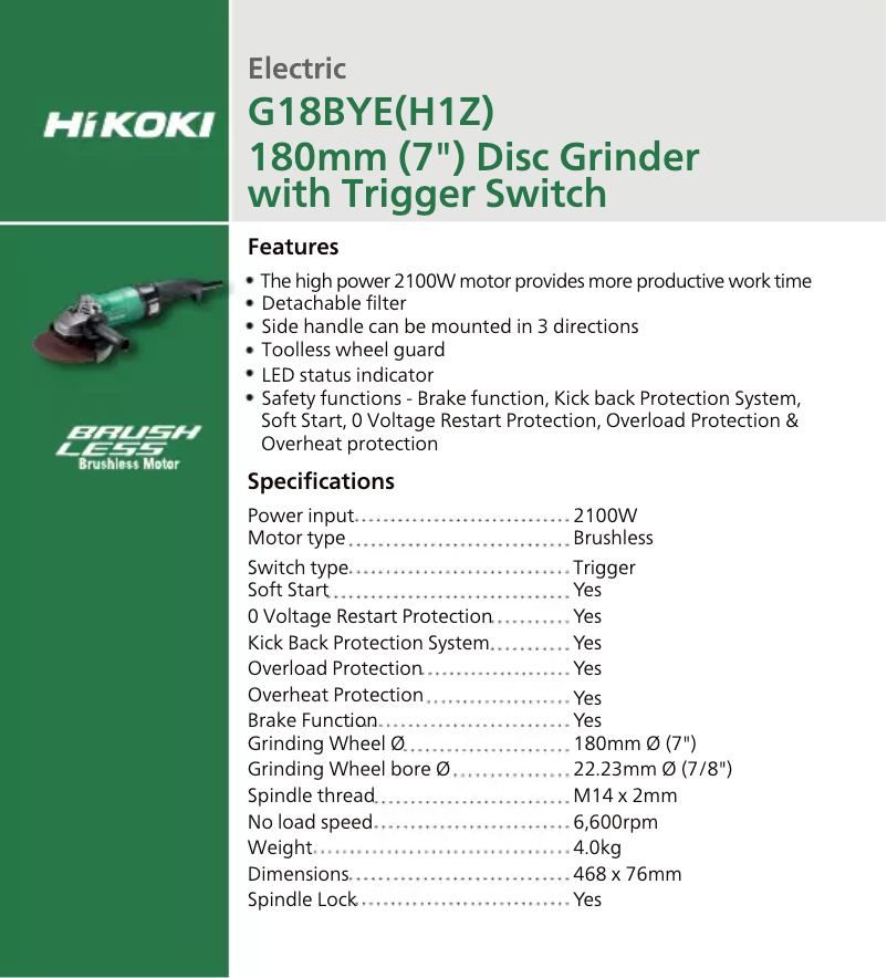 Page 1 de la notice Fiche technique HiKOKI G18BYE