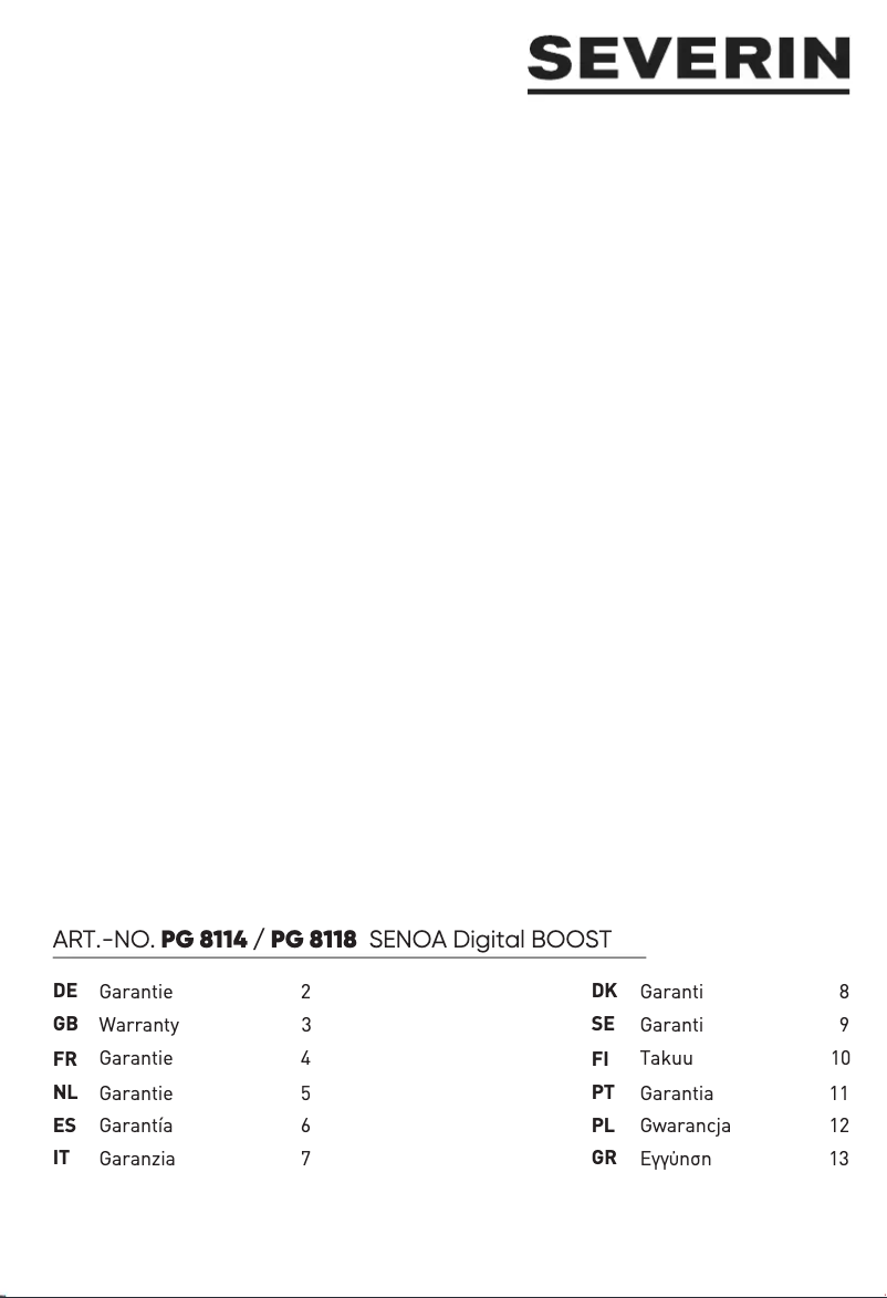 Page 1 de la notice Informations de garantie Severin Senoa Digital Boost PG 8114