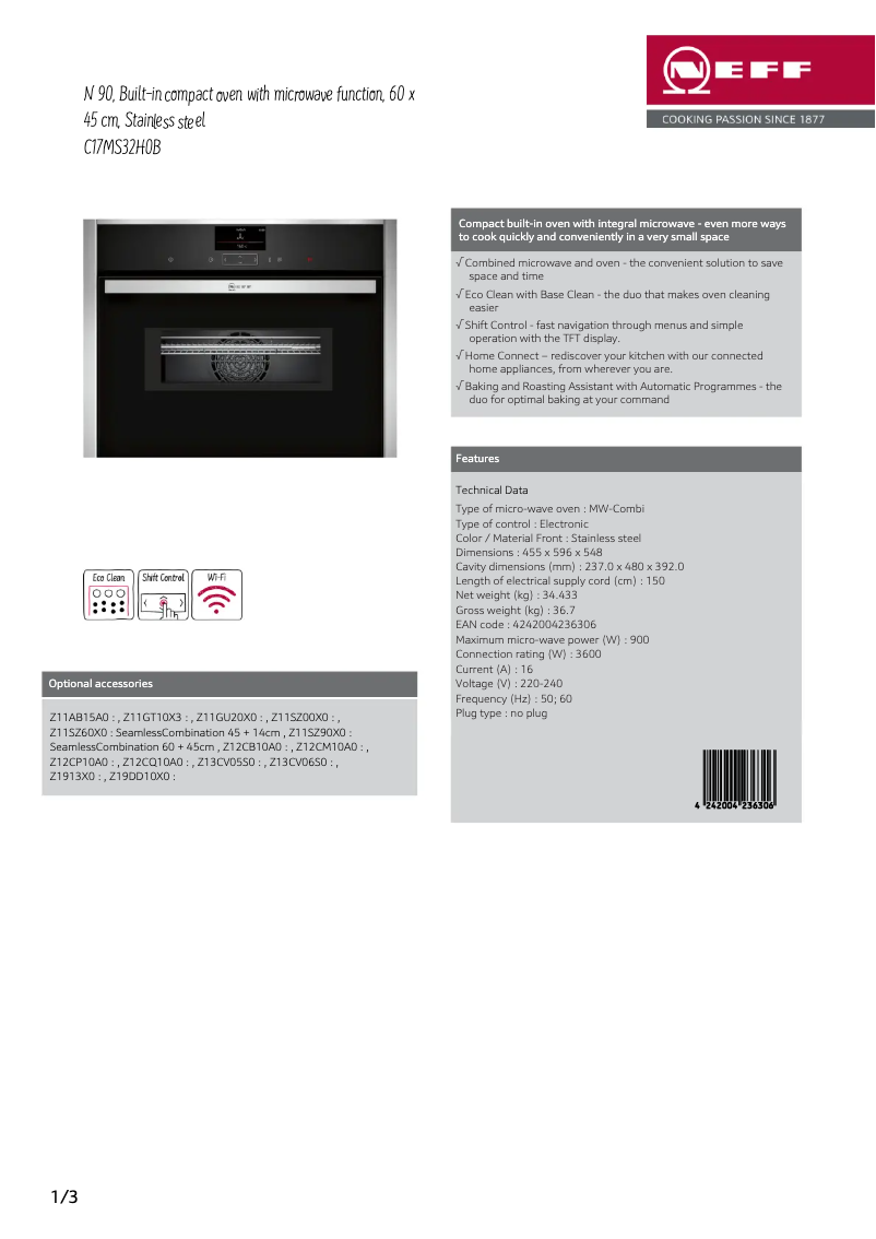 Page 1 of the manual Technical Sheet Neff C17MS32H0B