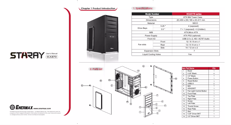 Page 1 de la notice Manuel utilisateur Enermax Staray ECA3175