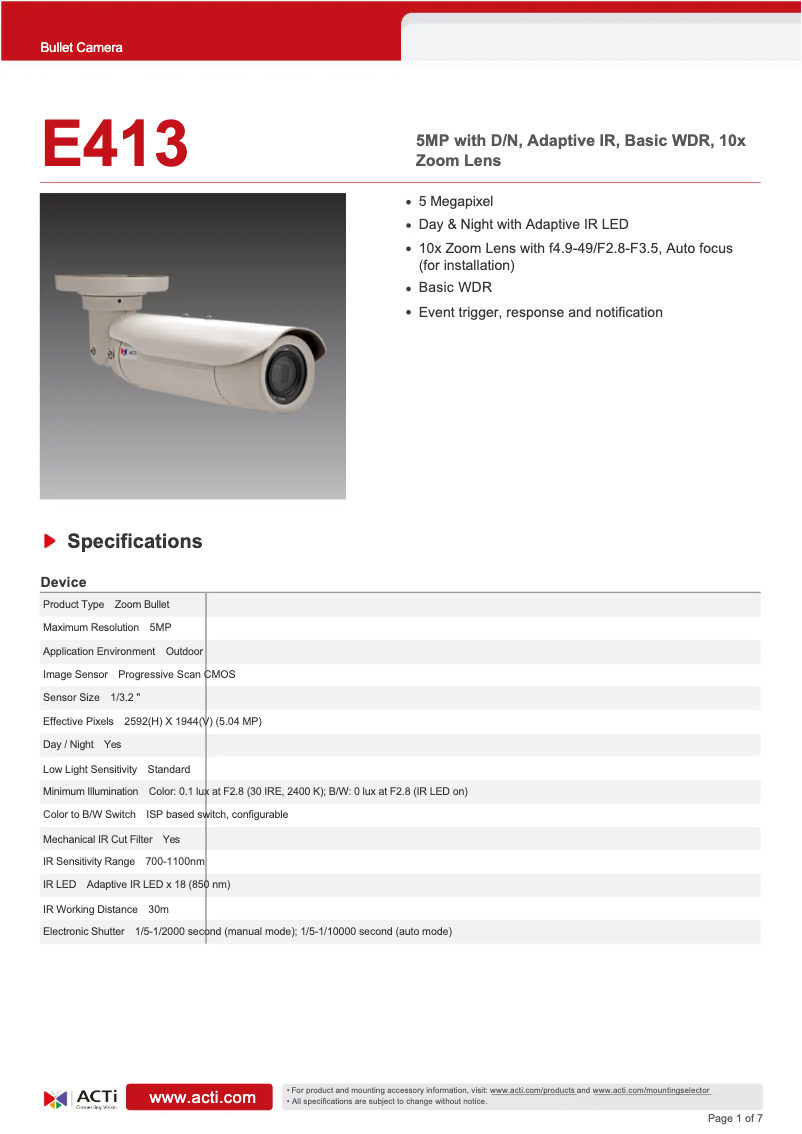 Page 1 de la notice Fiche technique ACTi E413