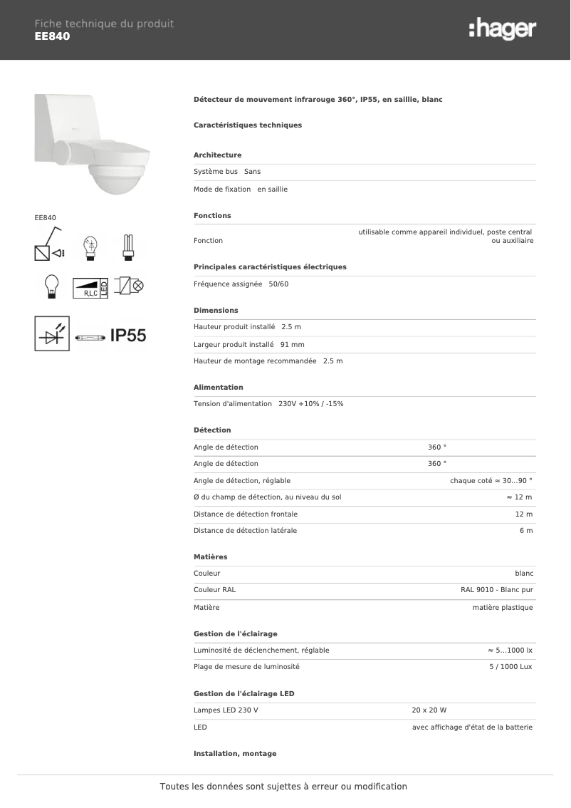 Page 1 de la notice Fiche technique Hager EE840