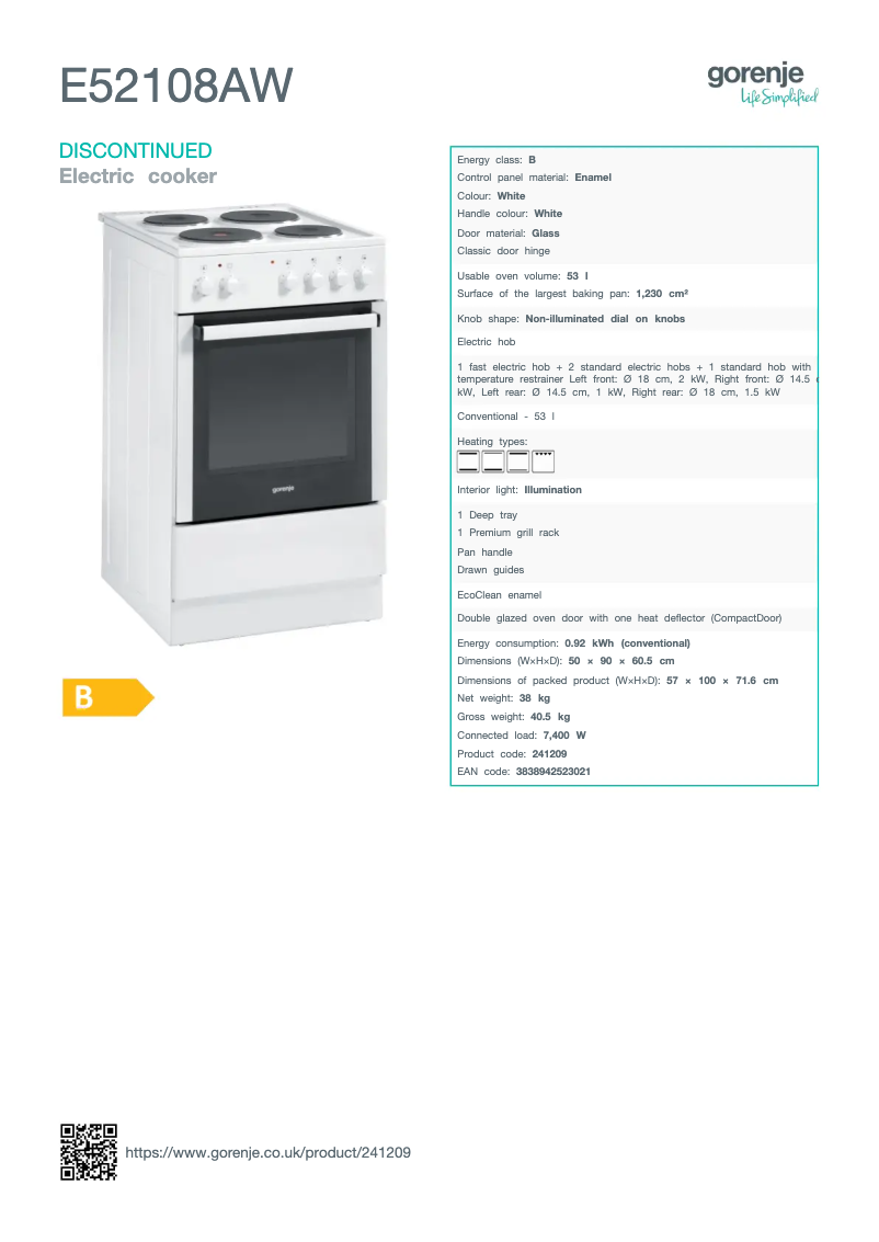 Page n°1 - Fiche technique Gorenje E52108AW