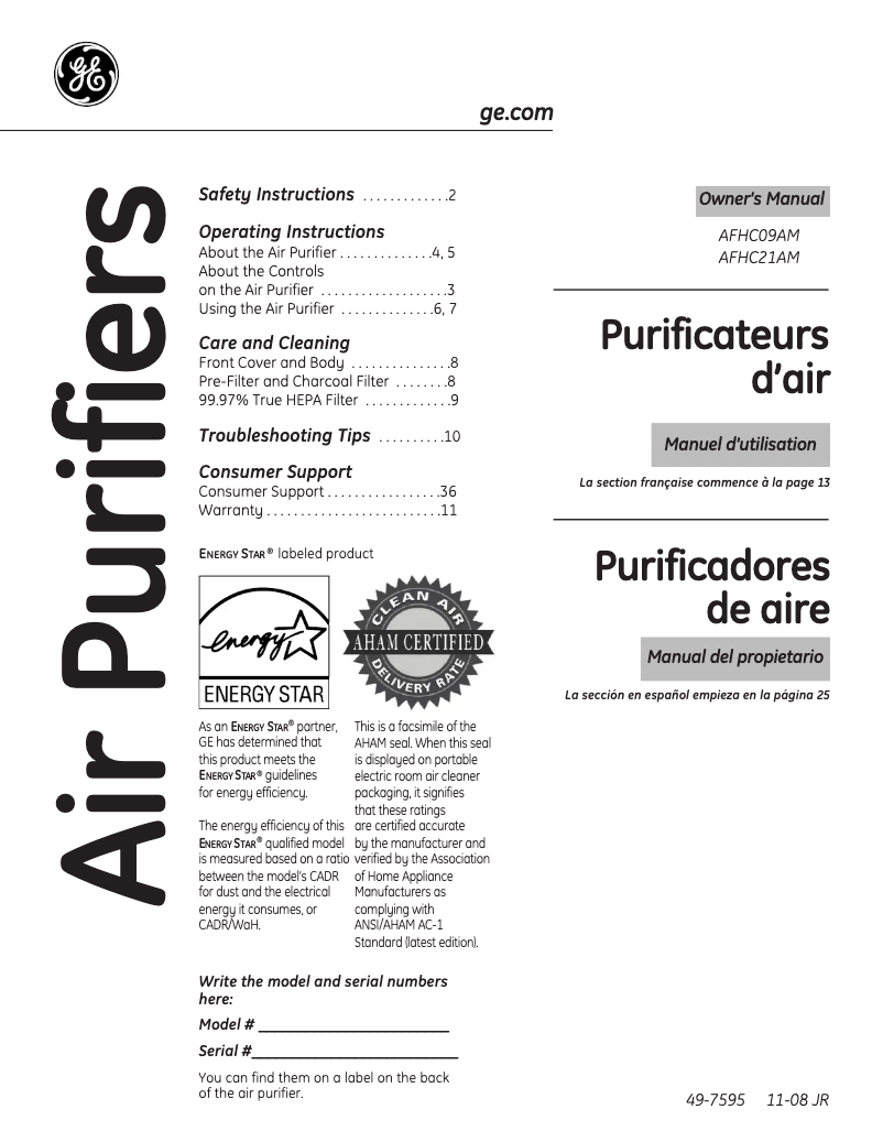 Page n°1 - Manuel d'utilisation et d'entretien GE AFHC09AM