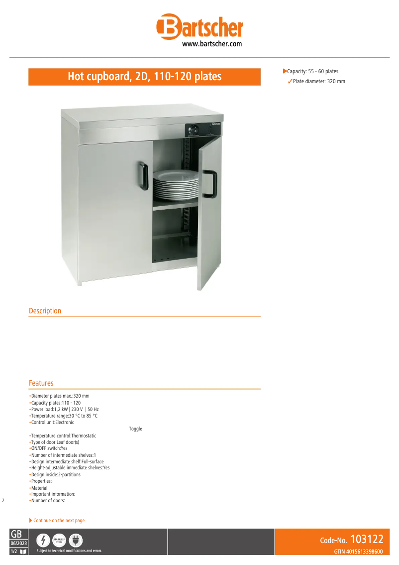 Page n°1 - Fiche technique Bartscher 103122