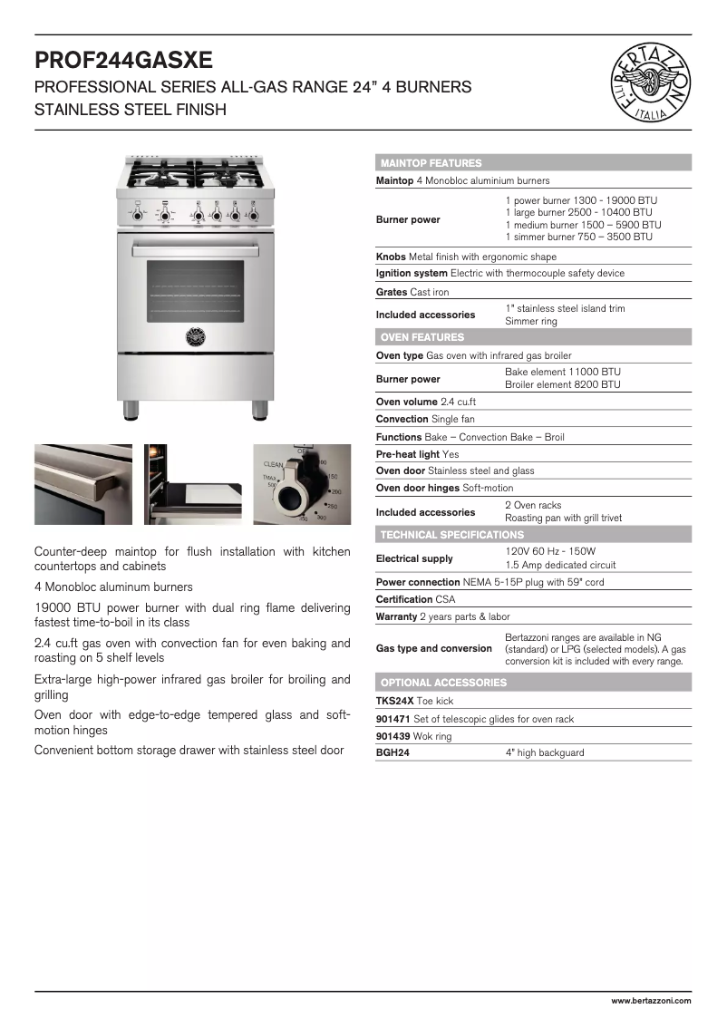 Page 1 de la notice Fiche technique Bertazzoni MAST244GASXE