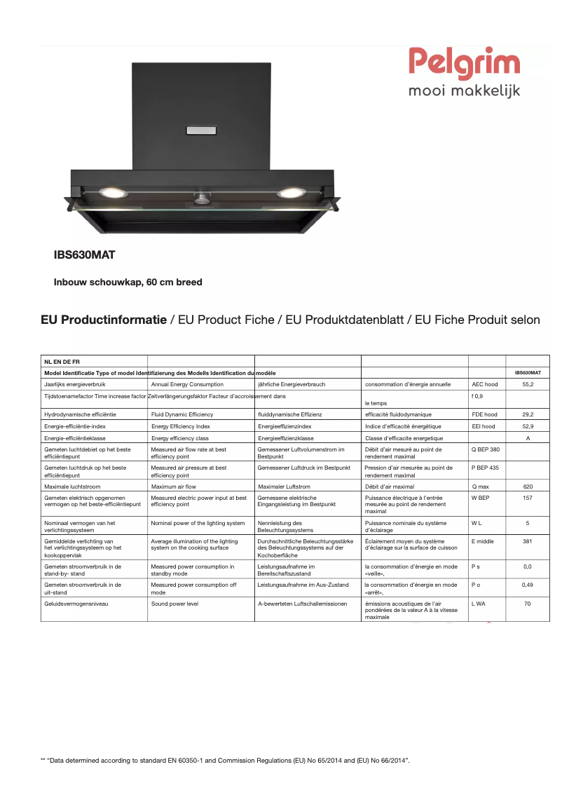 Page 1 de la notice Fiche technique Pelgrim IBS630MAT