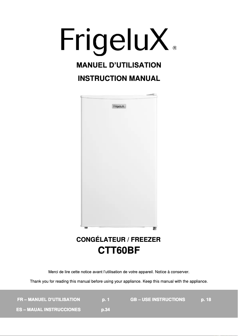 Page 1 de la notice Manuel utilisateur FrigeluX CTT60BF