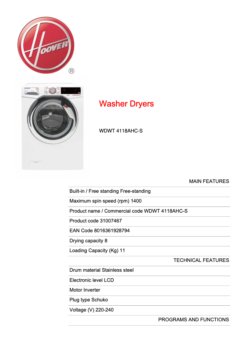 Page 1 de la notice Fiche technique Hoover WDWT 4118AHC-S