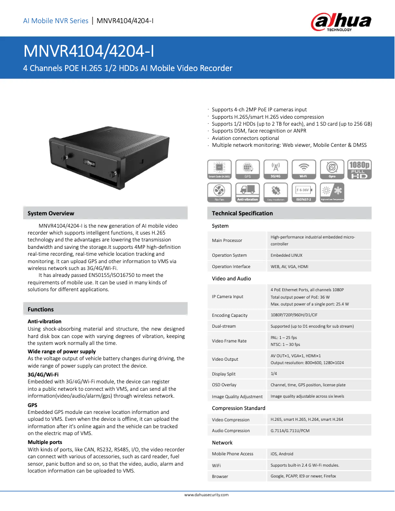 Page n°1 - Fiche technique Dahua Technology MNVR4104-GFWI
