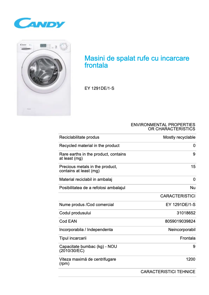 Page 1 de la notice Fiche technique Candy EY 1291DE/1-S