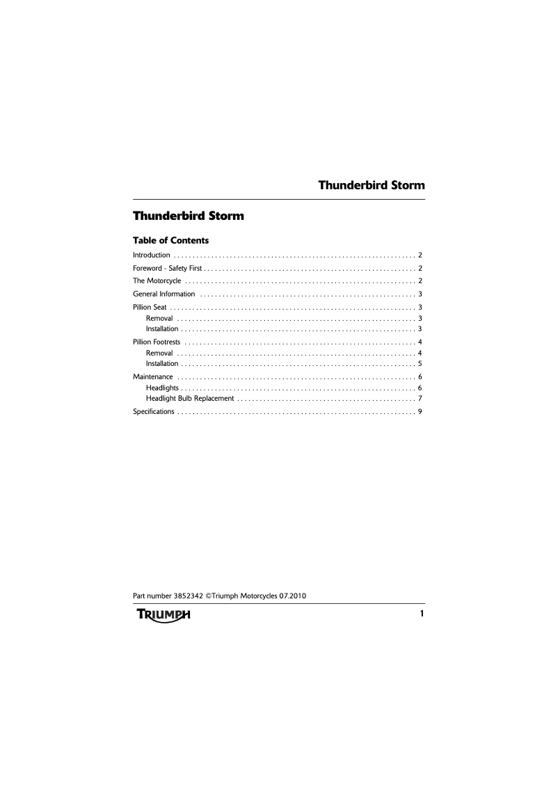 Page 1 de la notice Manuel utilisateur Triumph Thunderbird Storm (2010)