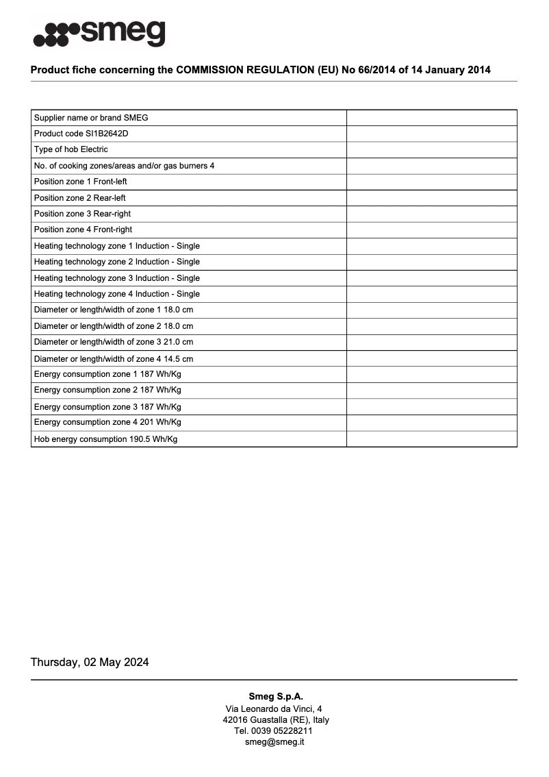 Page 1 de la notice Fiche technique Smeg SI1B2642D