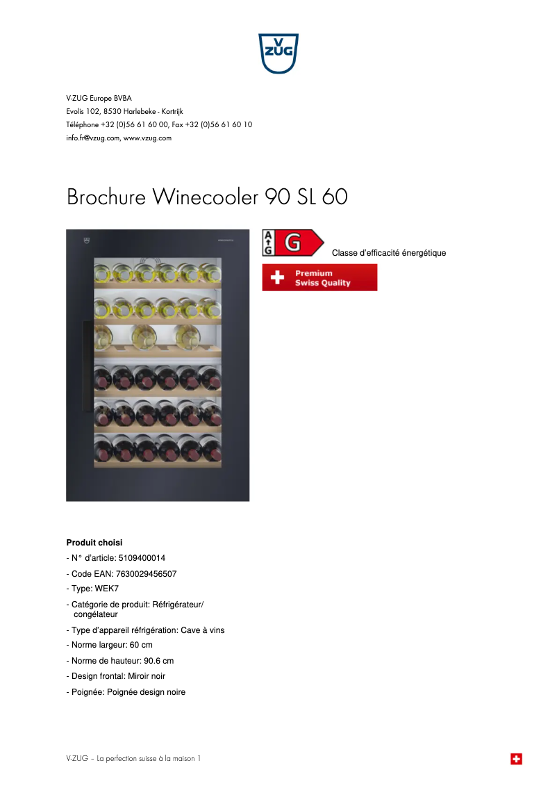 Page 1 de la notice Brochure V-Zug Winecooler 90 SL 60