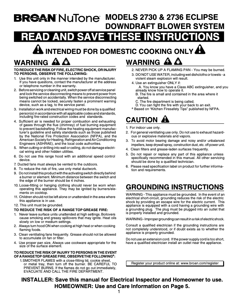 Page 1 de la notice Guide d'installation Broan 273003