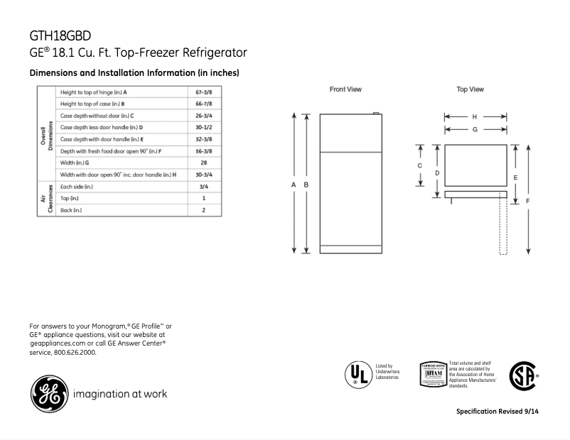 Página 1 del manual Ficha técnica GE GTH18GBDBB