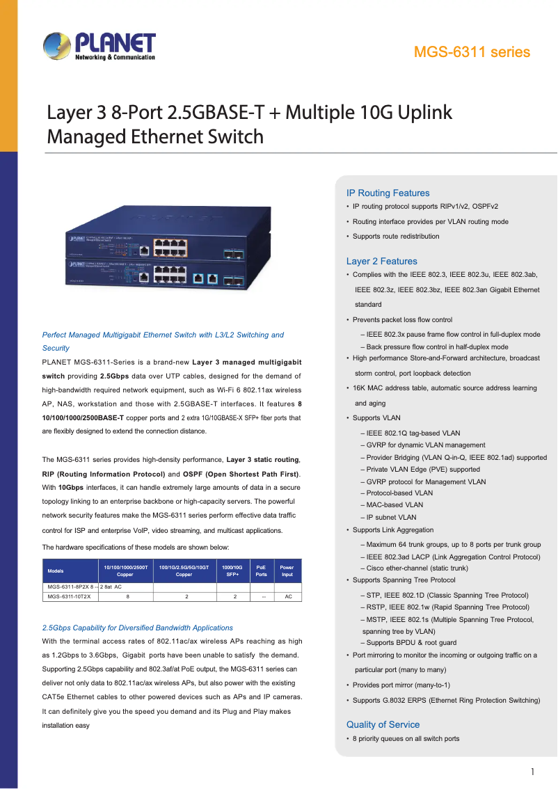 Page 1 de la notice Fiche technique Planet MGS-6311-10T2X