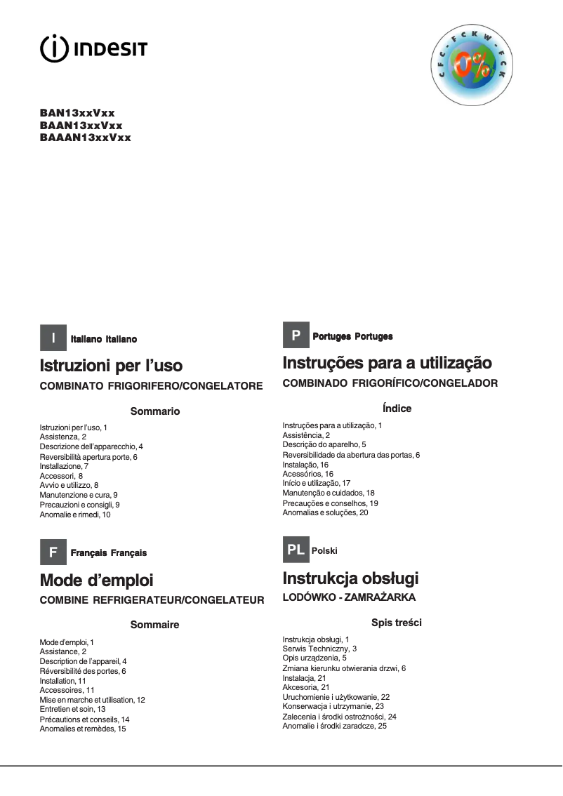 Page 1 de la notice Manuel utilisateur Indesit BAAN 13 VS (FR)