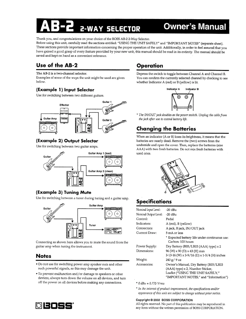 Page 1 de la notice Manuel utilisateur Boss AB-2