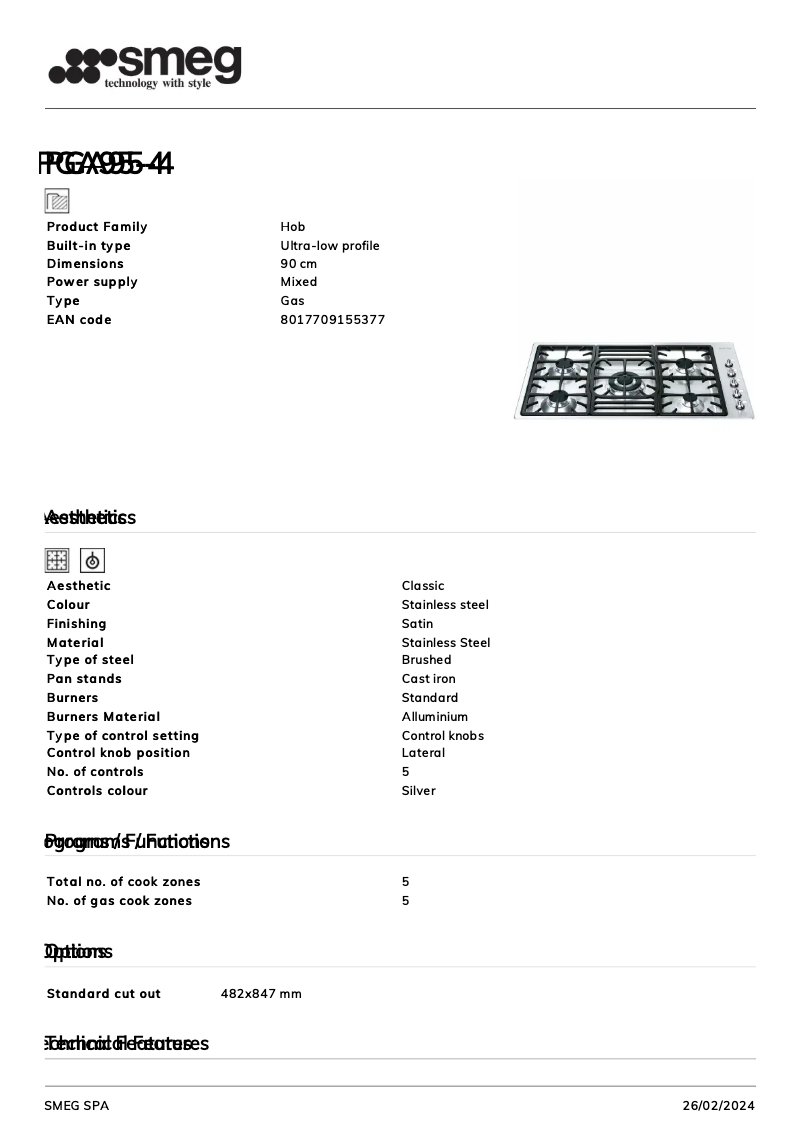 Page n°1 - Fiche technique Smeg PGA95-4