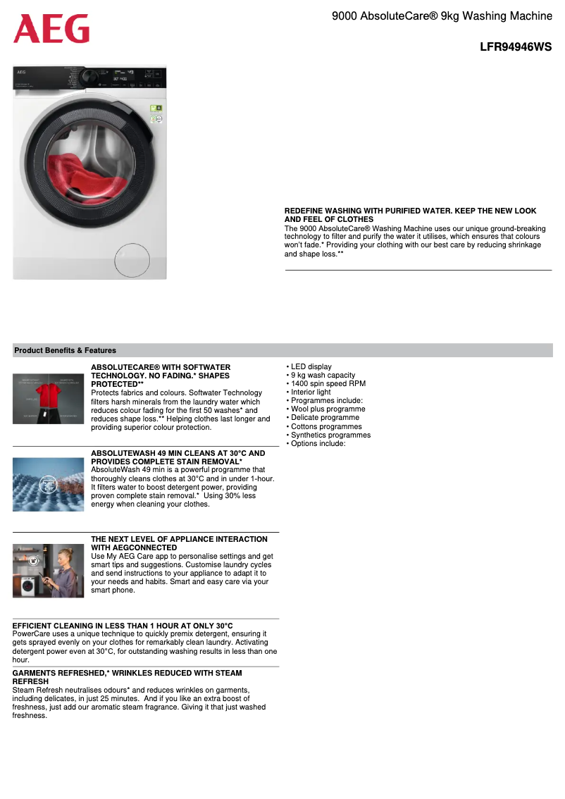Page 1 de la notice Fiche technique AEG LFR94946WS