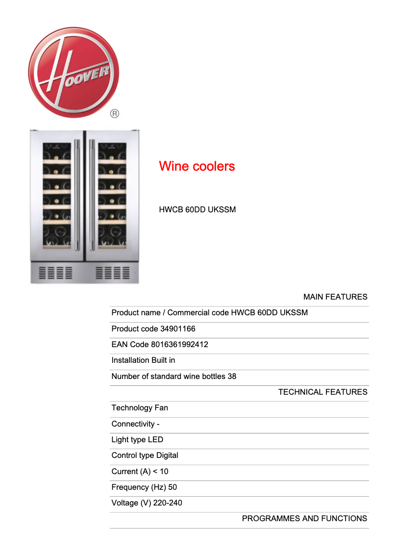 Page 1 de la notice Fiche technique Hoover HWCB 60DD UKSSM
