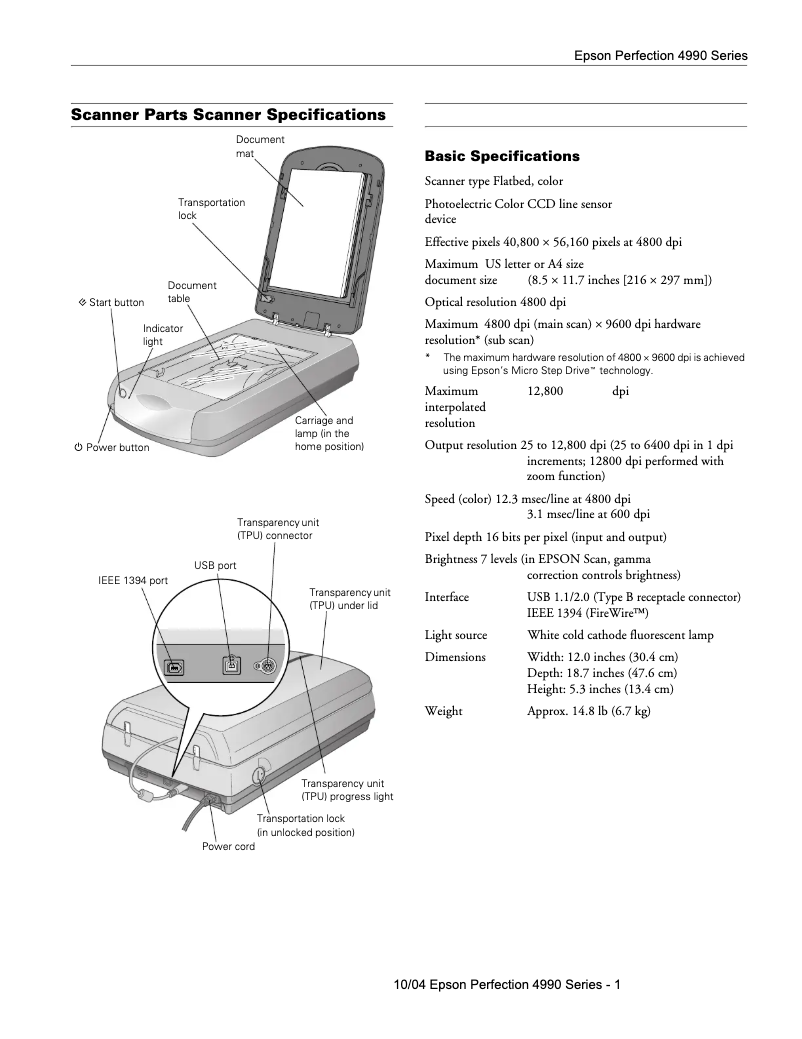 Página 1 del manual Ficha técnica Epson Perfection 4990 Pro