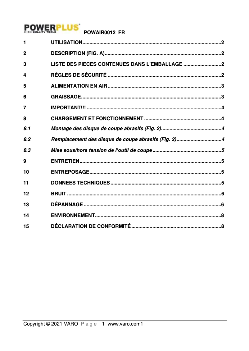 Page 1 de la notice Manuel utilisateur PowerPlus POWAIR0012
