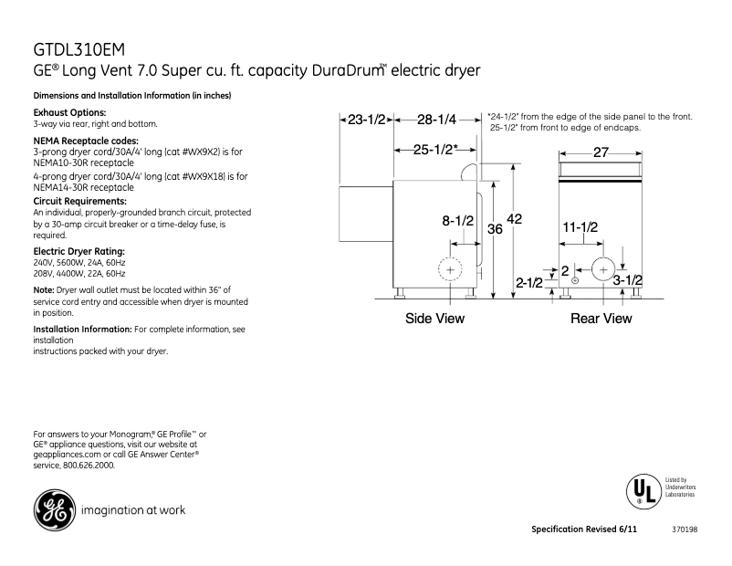 Page 1 de la notice Fiche technique GE GTDL310EMWS