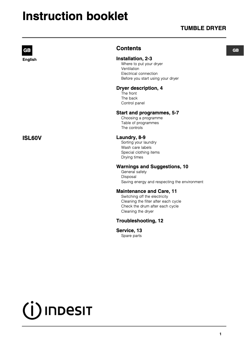 Page 1 de la notice Manuel utilisateur Indesit ISL 60 V (UK)