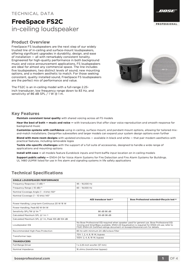 Page n°1 - Fiche technique Bose FreeSpace FS2C
