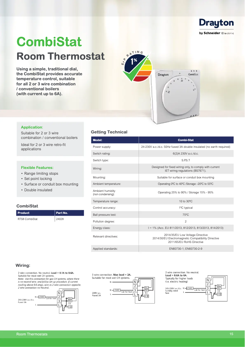 Page 1 de la notice Fiche technique Drayton Combi-Stat RTS8