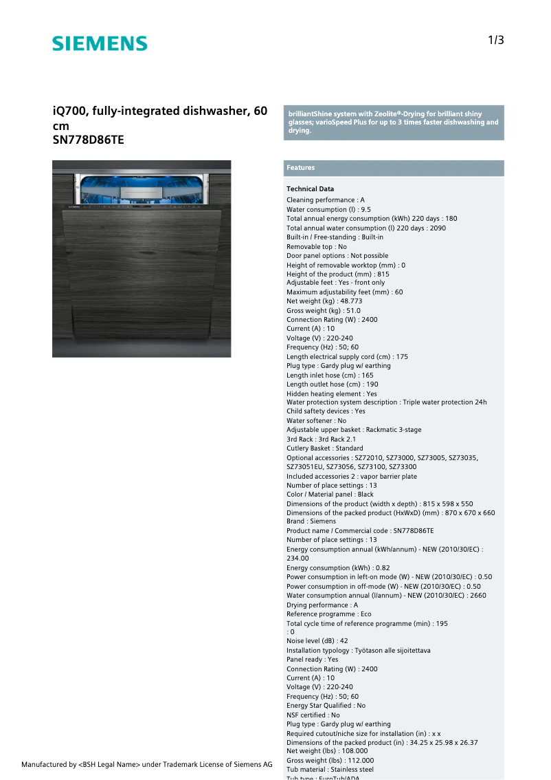 Page 1 de la notice Fiche technique Siemens SN778D86TE
