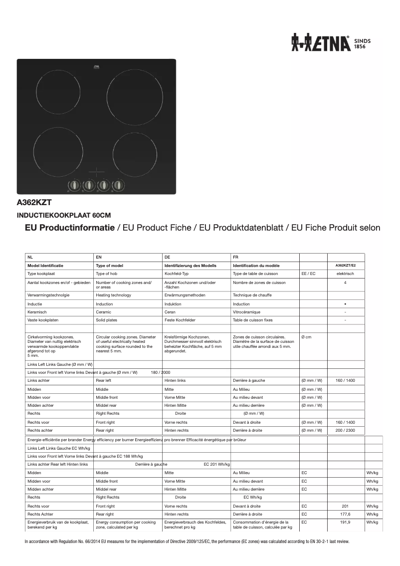 Page 1 de la notice Fiche technique Etna A362KZT