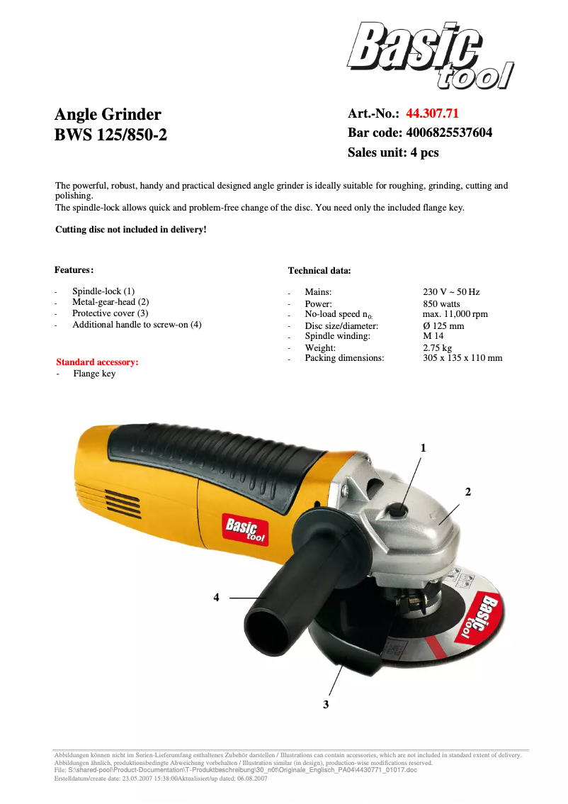 Page n°1 - Manuel utilisateur Basic tool BWS 125/850-2