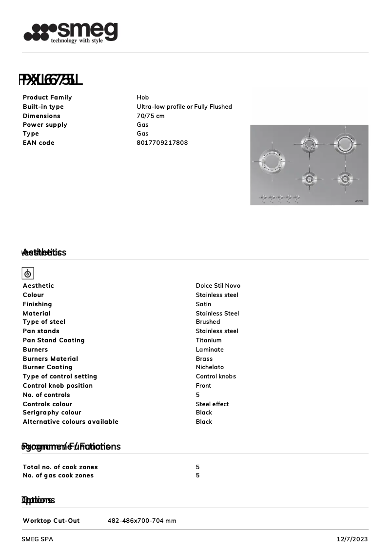 Page 1 de la notice Fiche technique Smeg PXL675L