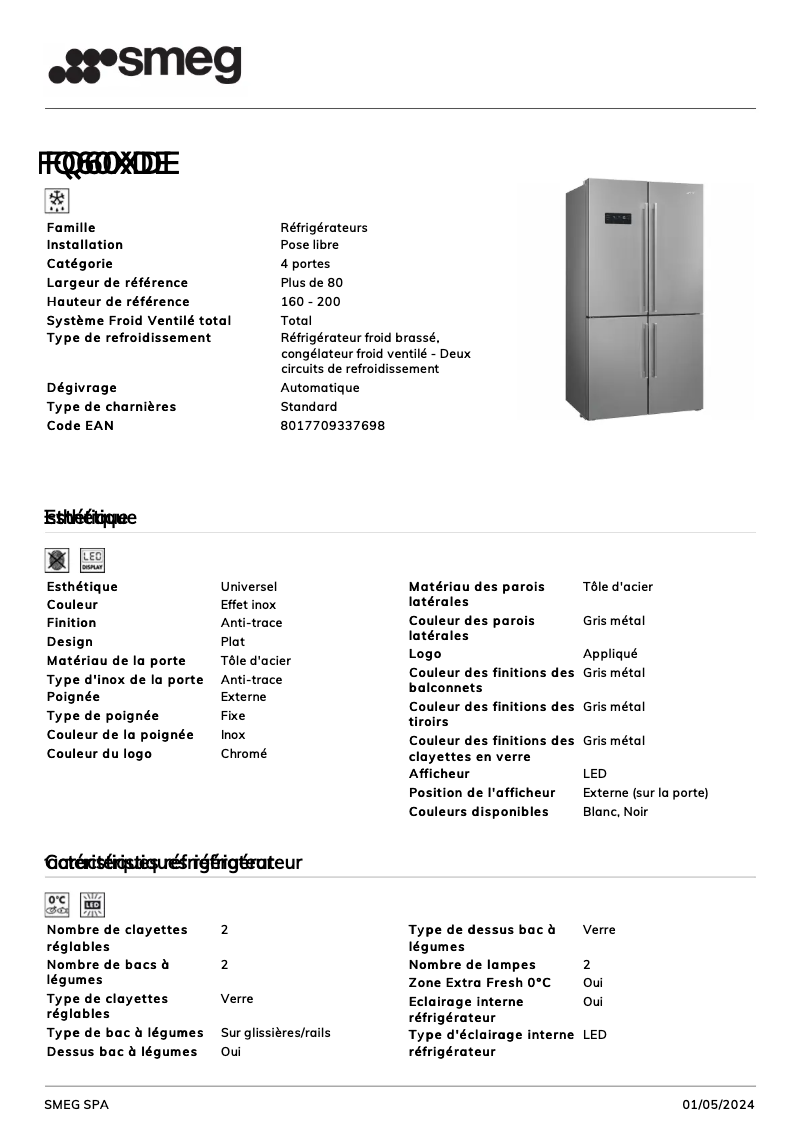 Page 1 de la notice Fiche technique Smeg FQ60XDE