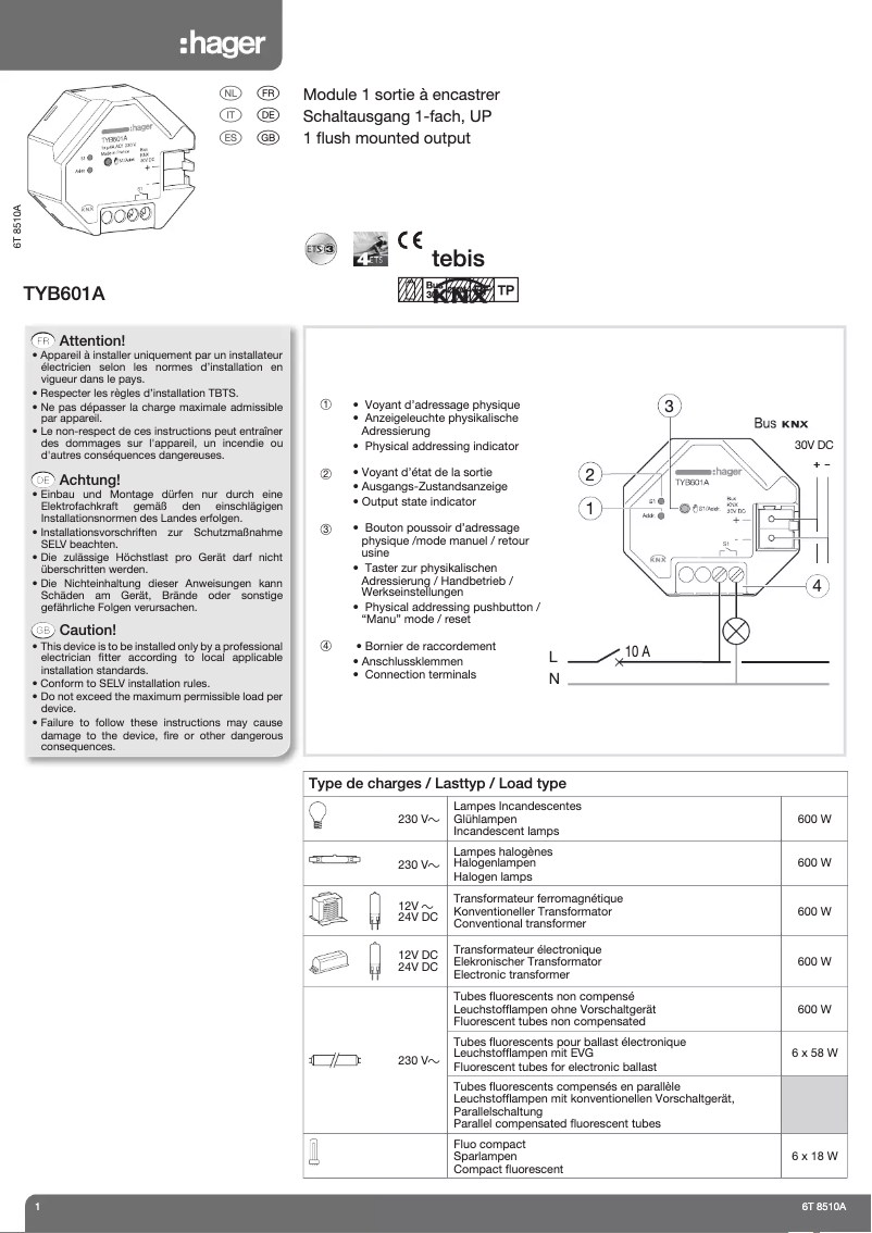 Page 1 de la notice Manuel utilisateur Hager TYB601A