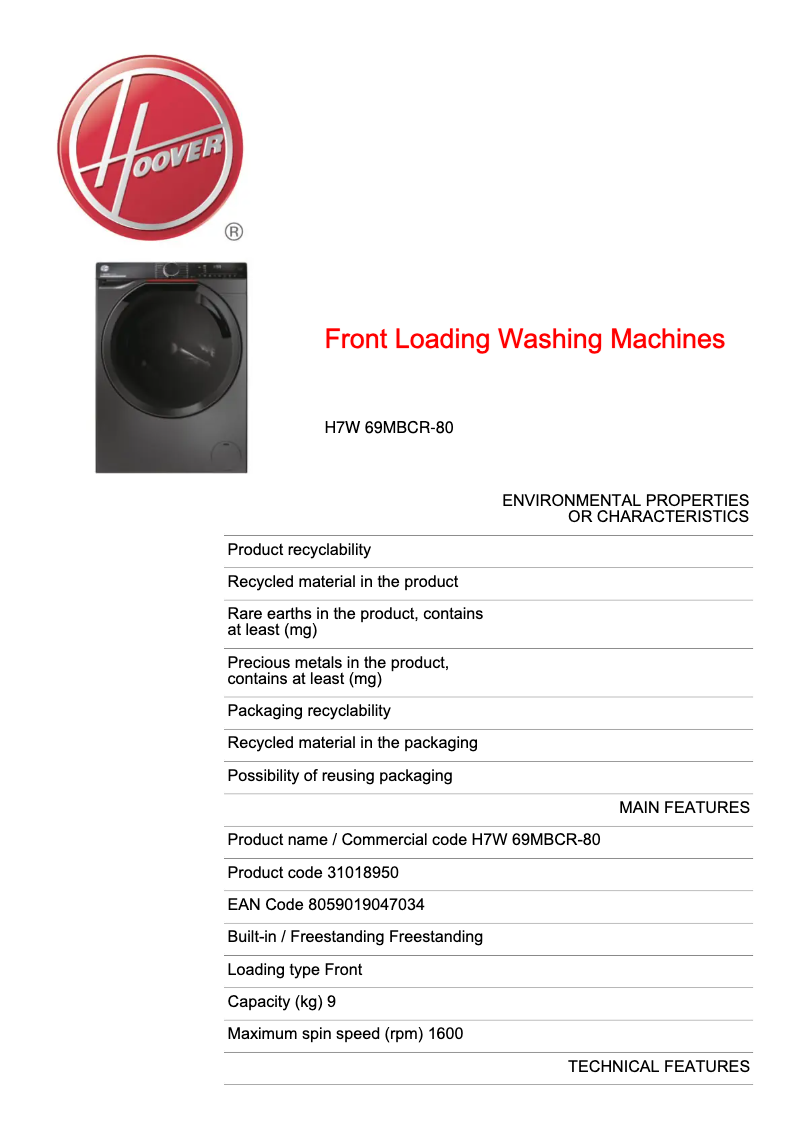 Page n°1 - Fiche technique Hoover H7W 69MBCR-80