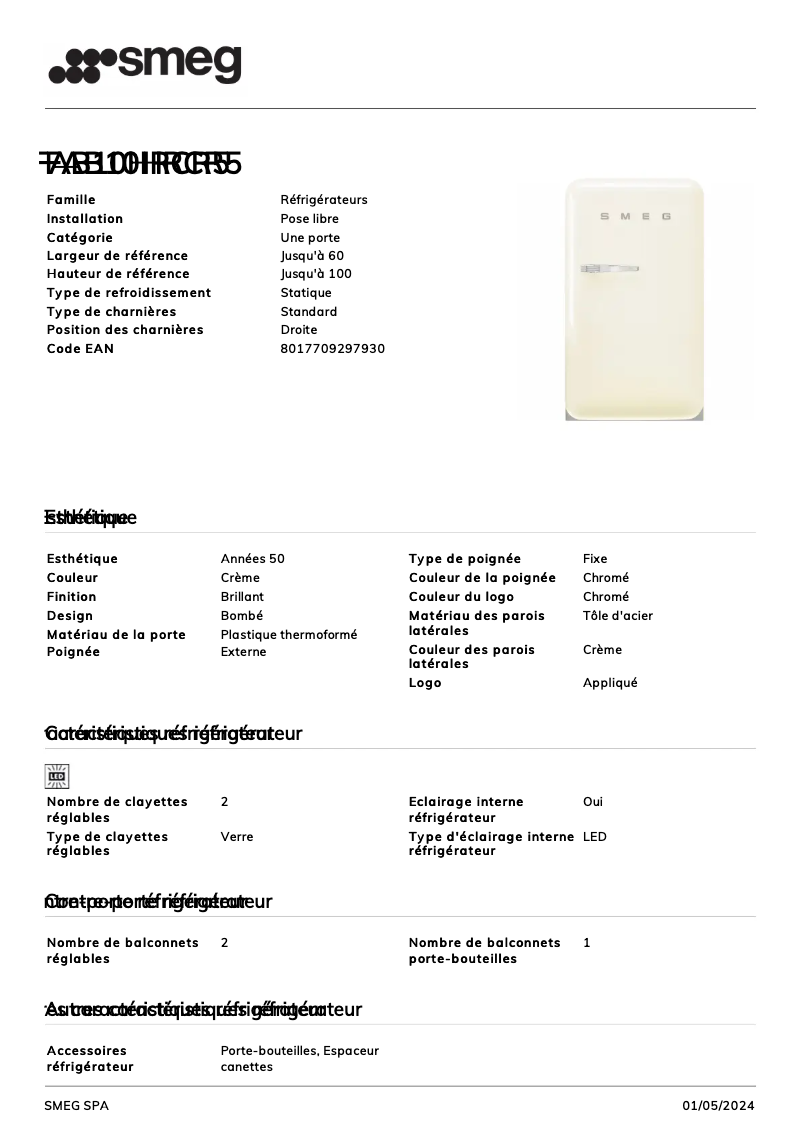 Page 1 de la notice Fiche technique Smeg FAB10HRCR5