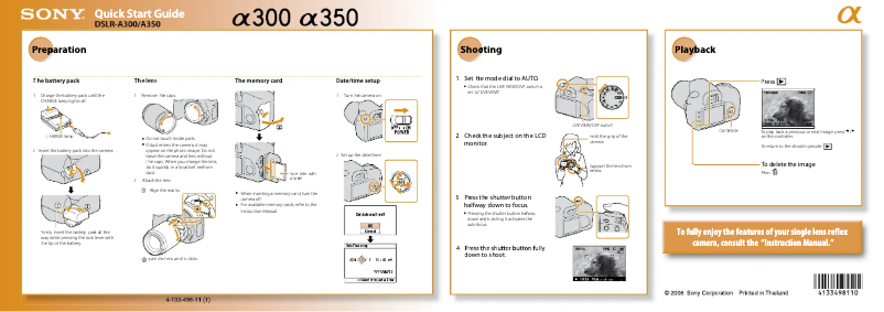 Page 1 de la notice Guide d'installation Sony Alpha DSLR-A350K