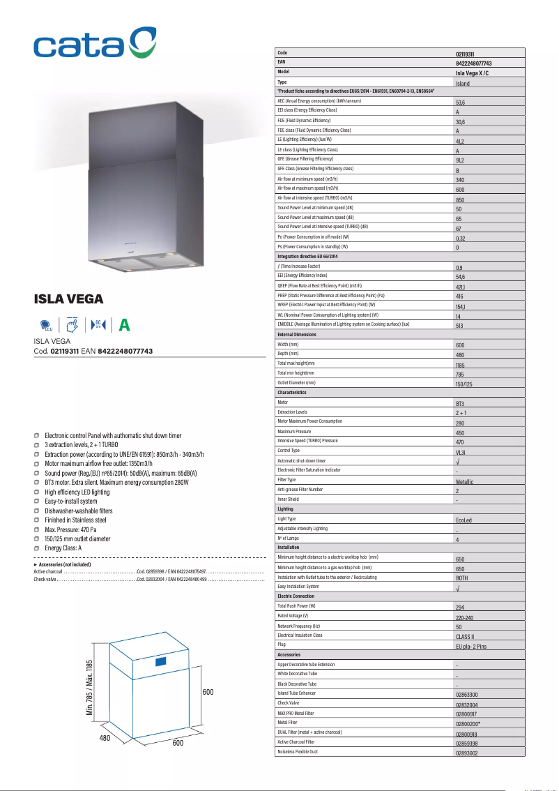 Page 1 de la notice Fiche technique CATA ISLA VEGA X