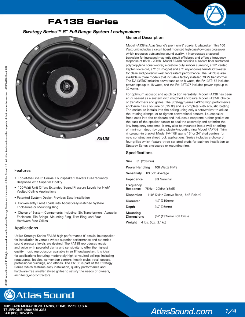 Page 1 de la notice Brochure Atlas Sound FA138