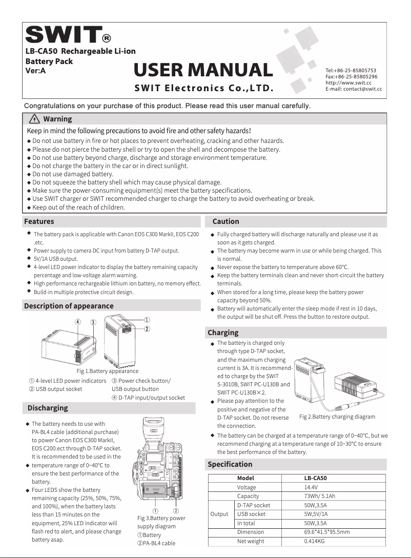 Page n°1 - Manuel utilisateur SWIT LB-CA50